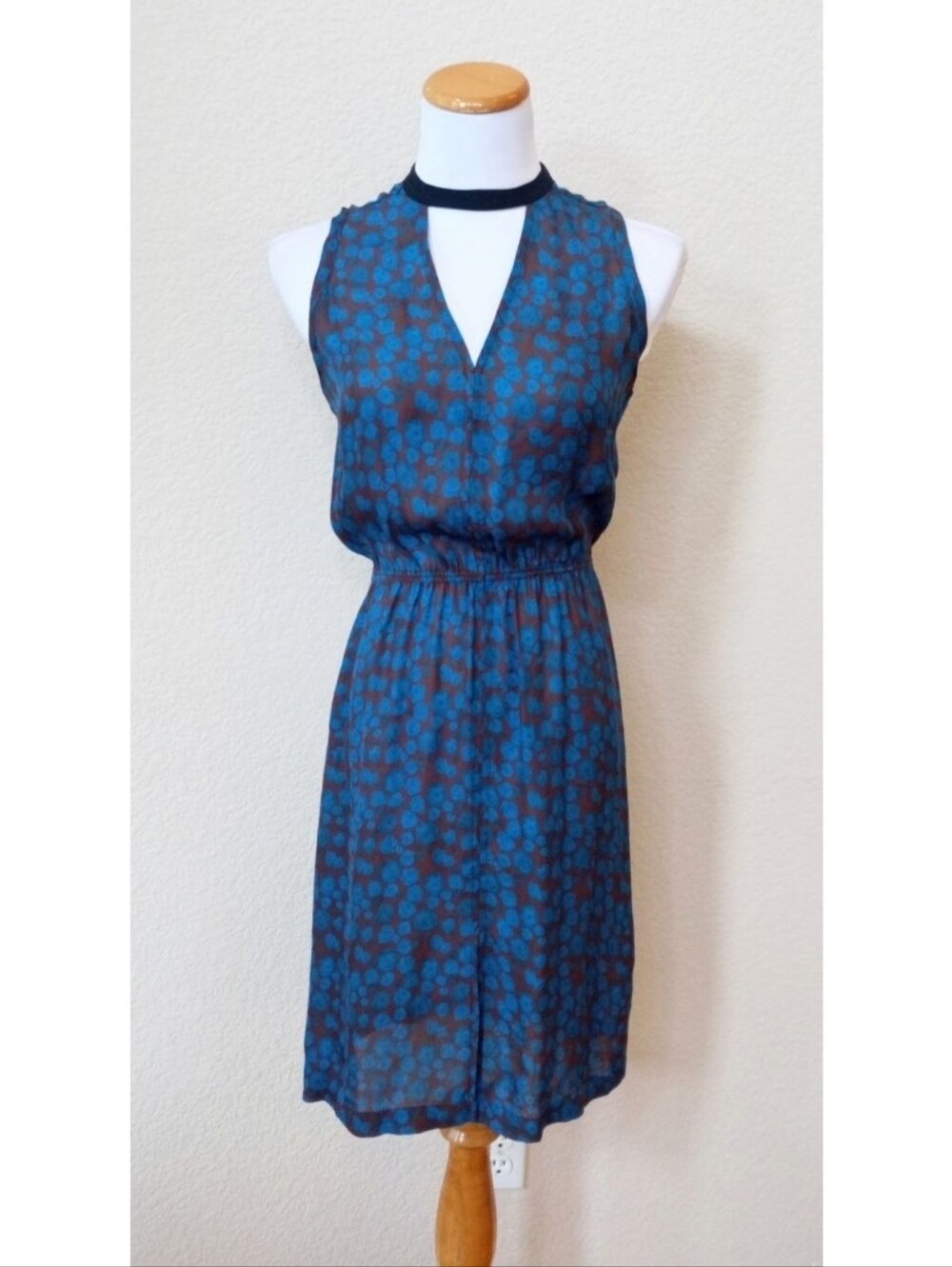 A.L.C. silk blue and oxblood color rose floral print sleeveless dress